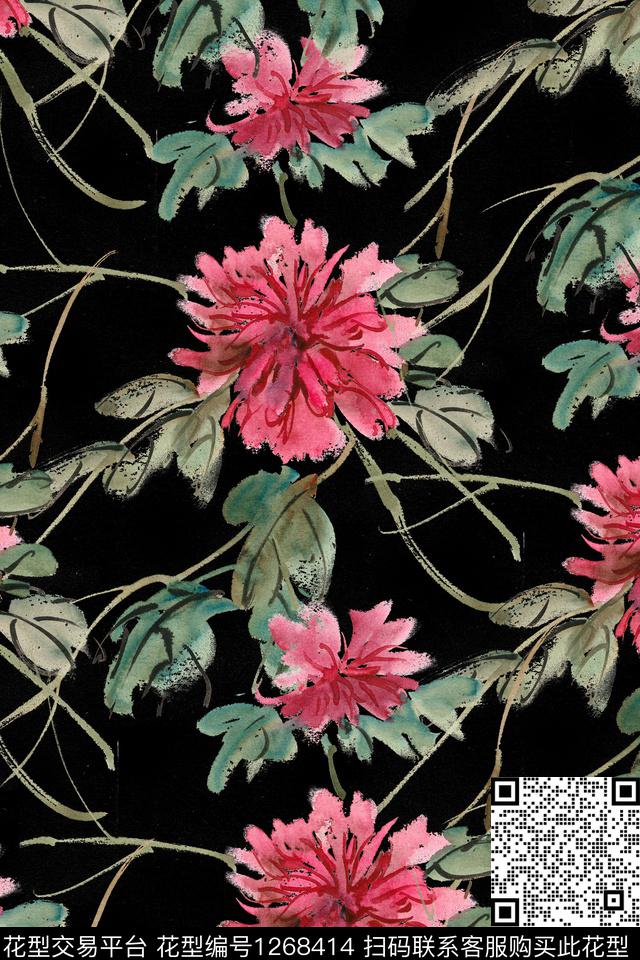 水彩花卉水墨风数码印花华亿平台下载（图片编号: 1268414） - 瓦栏（Walan）