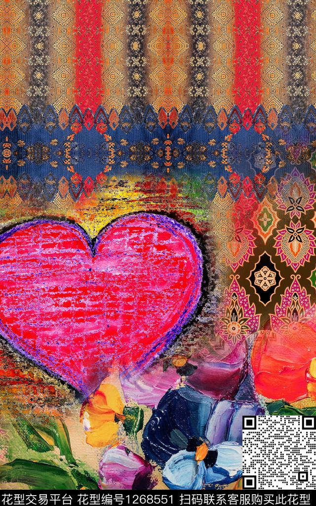 复古几何花卉爱心数码印花华亿平台下载（图片编号: 1268551） - 瓦栏（Walan）