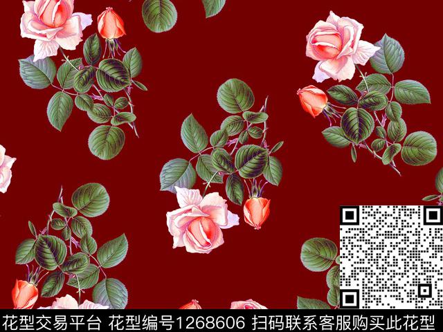 玫瑰花热烈复古感数码印花华亿平台下载（图片编号: 1268606） - 瓦栏（Walan）