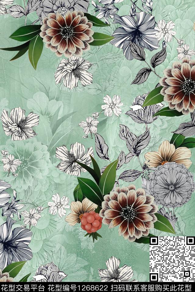 小清新抽象花卉写意花卉数码印花华亿平台下载（图片编号: 1268622） - 瓦栏（Walan）