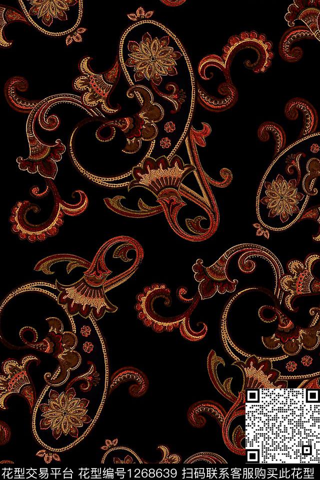 黑底花卉花卉大牌风数码印花华亿平台下载（图片编号: 1268639） - 瓦栏（Walan）