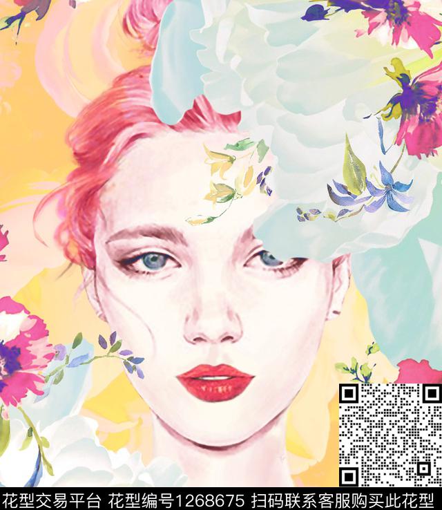 水彩花卉女性手绘头像定位花数码印花华亿平台下载（图片编号: 1268675） - 瓦栏（Walan）
