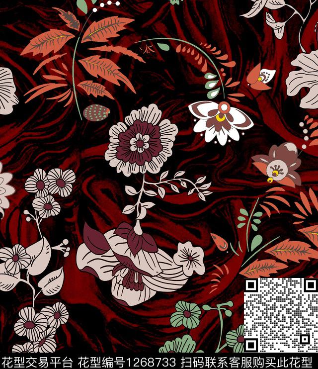 抽象花卉民族花卉大牌风数码印花华亿平台下载（图片编号: 1268733） - 瓦栏（Walan）