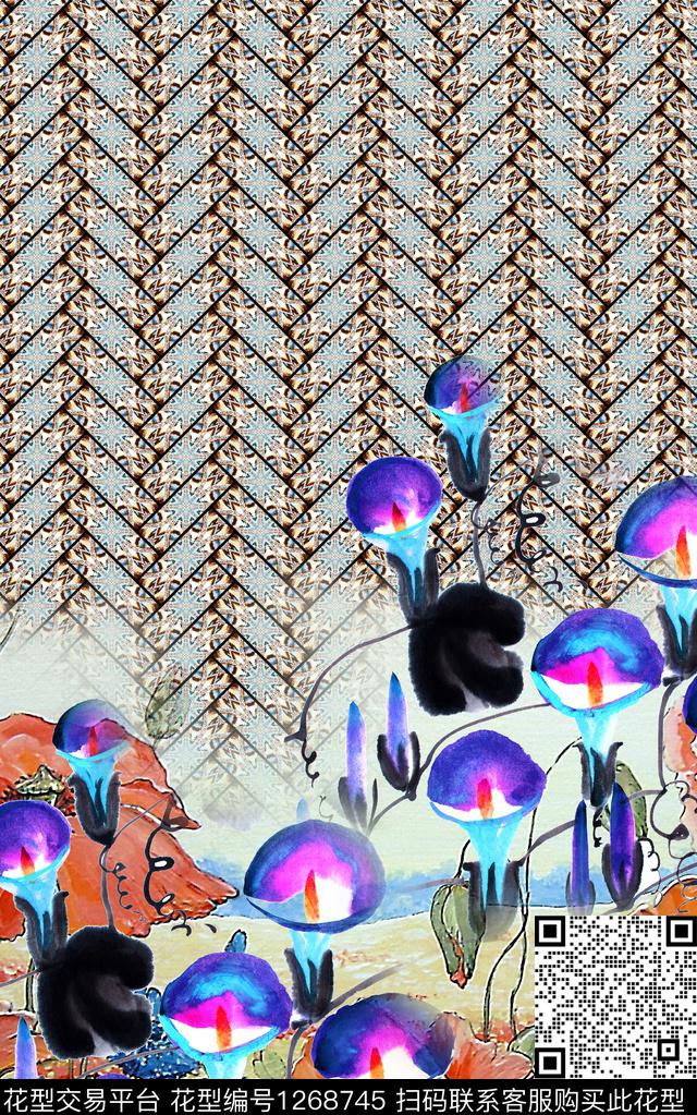 复古定位花几何数码印花华亿平台下载（图片编号: 1268745） - 瓦栏（Walan）