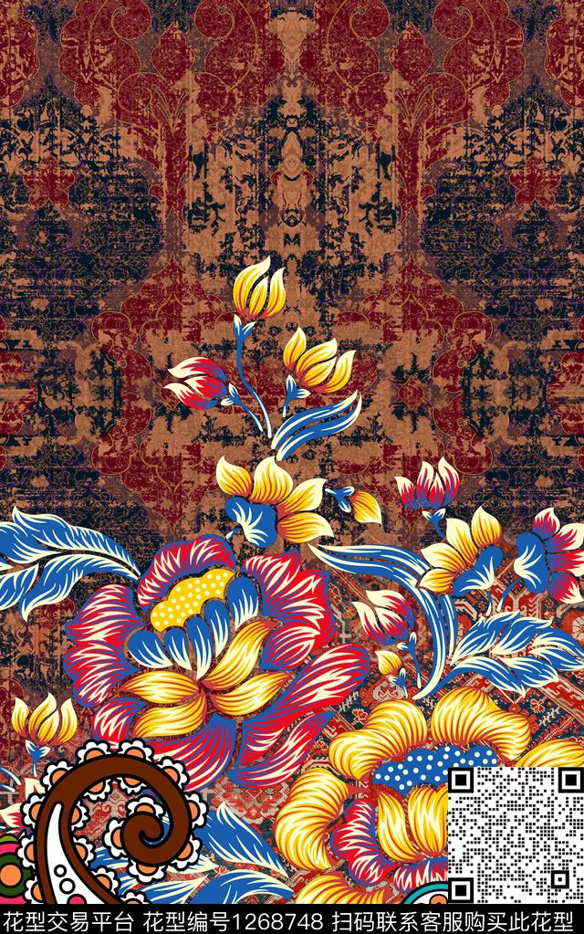复古定位花真丝数码印花华亿平台下载（图片编号: 1268748） - 瓦栏（Walan）