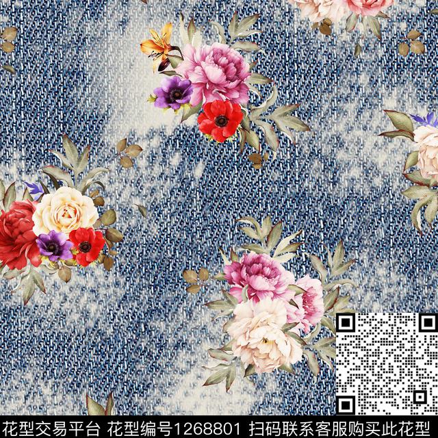 牛仔朦胧花卉复古数码印花华亿平台下载（图片编号: 1268801） - 瓦栏（Walan）