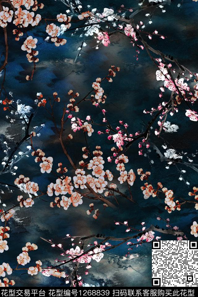 梅花香云纱中国风数码印花华亿平台下载（图片编号: 1268839） - 瓦栏（Walan）