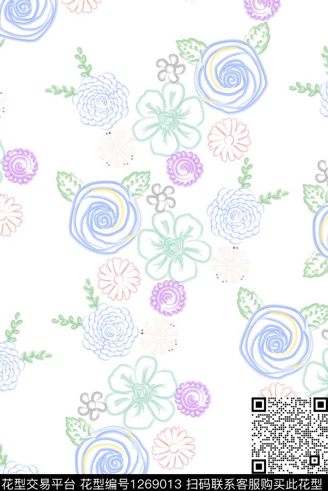 线条画花卉大牌风数码印花华亿平台下载（图片编号: 1269013） - 瓦栏（Walan）