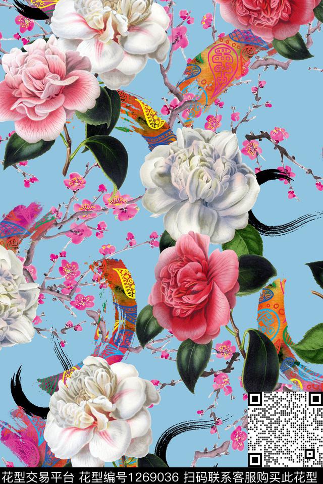 旗袍植物桃花数码印花华亿平台下载（图片编号: 1269036） - 瓦栏（Walan）