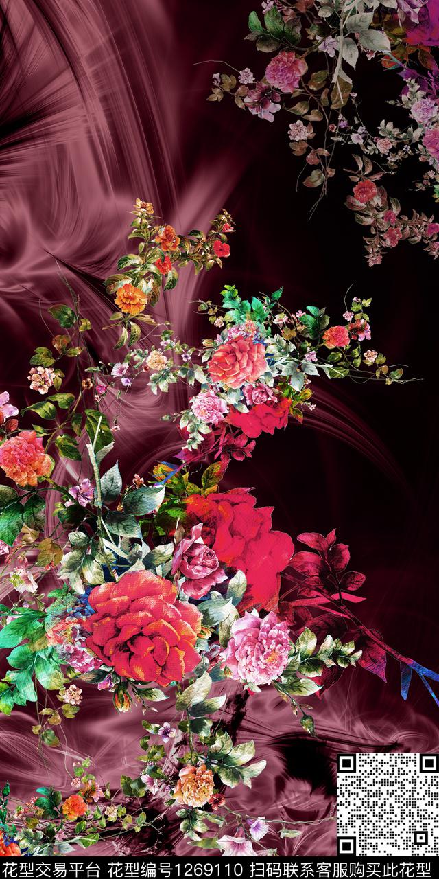 花卉旗袍定位花数码印花华亿平台下载（图片编号: 1269110） - 瓦栏（Walan）