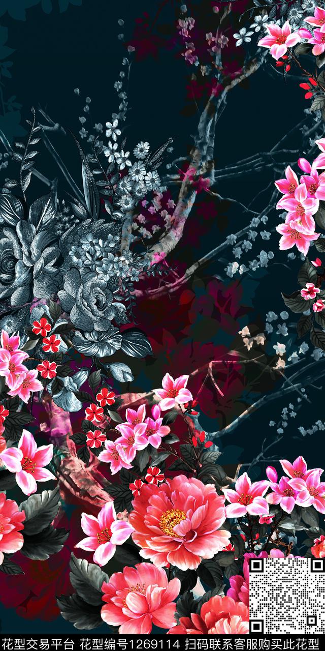 花卉旗袍黑白华亿平台数码印花华亿平台下载（图片编号: 1269114） - 瓦栏（Walan）