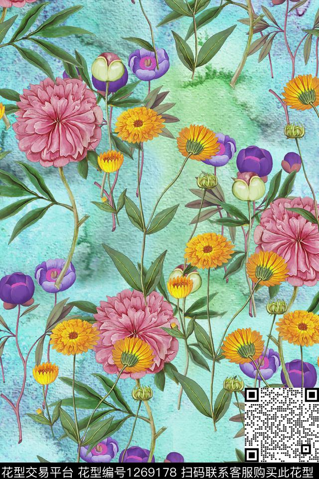 复古花卉大牌风数码印花华亿平台下载（图片编号: 1269178） - 瓦栏（Walan）