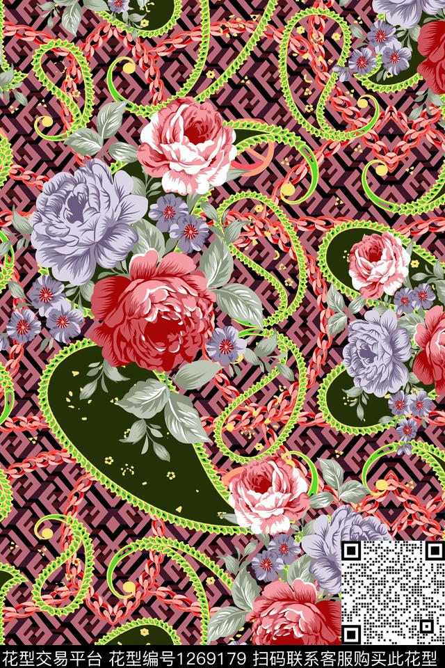 花卉几何链条传统印花华亿平台下载（图片编号: 1269179） - 瓦栏（Walan）