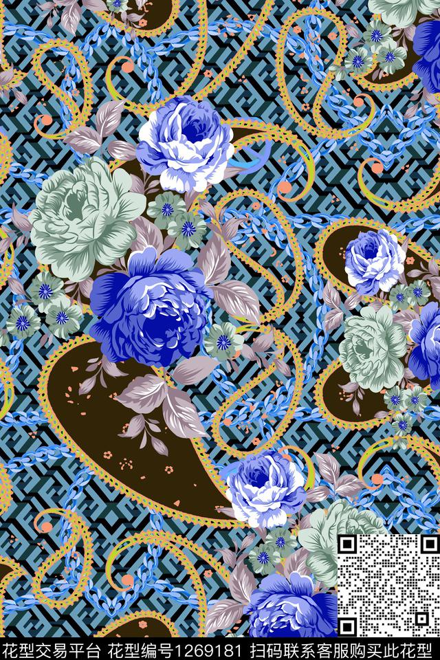 花卉几何链条传统印花华亿平台下载（图片编号: 1269181） - 瓦栏（Walan）