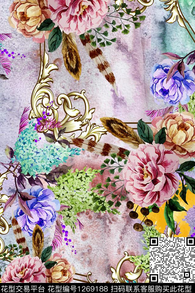 复古花卉大牌风数码印花华亿平台下载（图片编号: 1269188） - 瓦栏（Walan）