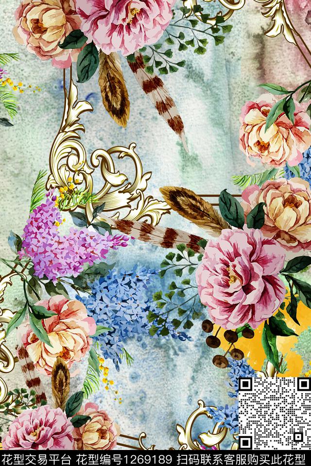 复古花卉大牌风数码印花华亿平台下载（图片编号: 1269189） - 瓦栏（Walan）
