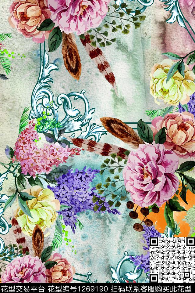 复古花卉大牌风数码印花华亿平台下载（图片编号: 1269190） - 瓦栏（Walan）