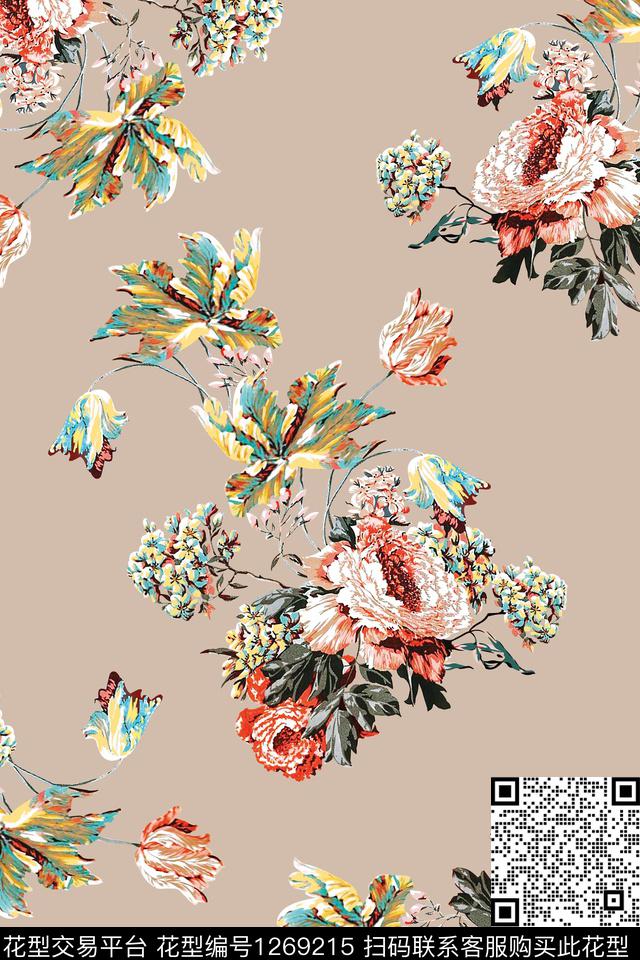 手绘绿植1/2接数码印花华亿平台下载（图片编号: 1269215） - 瓦栏（Walan）