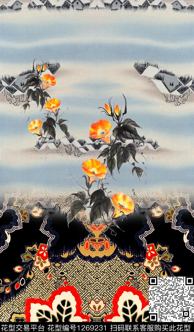 定位花几何抽象数码印花华亿平台下载（图片编号: 1269231） - 瓦栏（Walan）