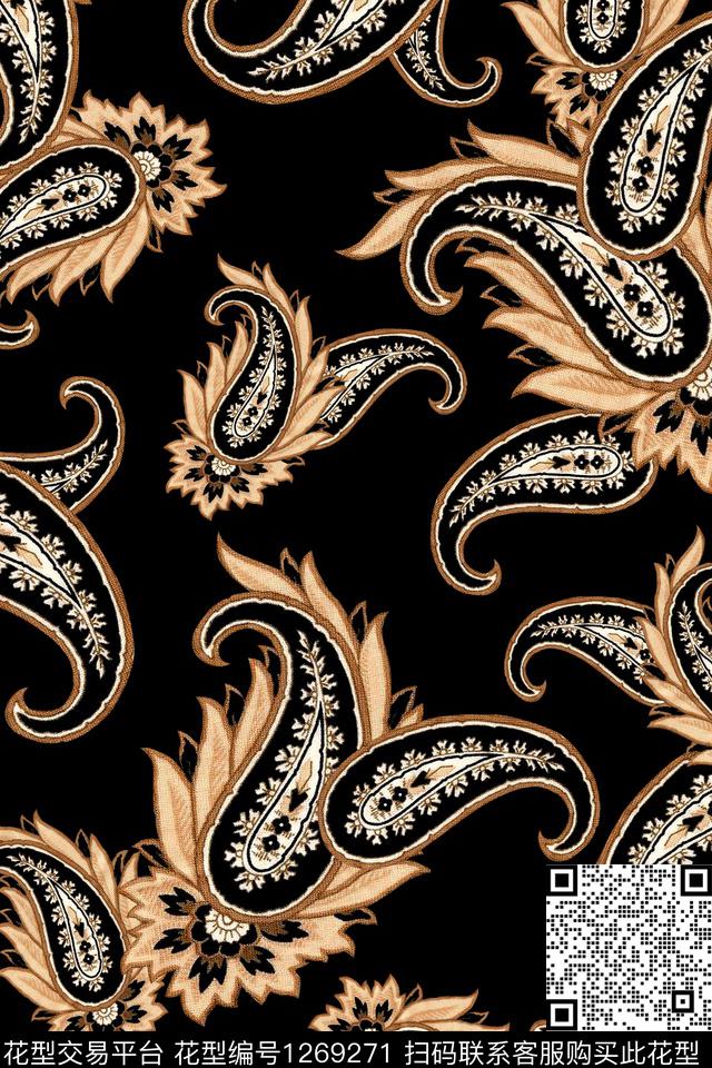 数码华亿平台黑底花卉佩斯利数码印花华亿平台下载（图片编号: 1269271） - 瓦栏（Walan）