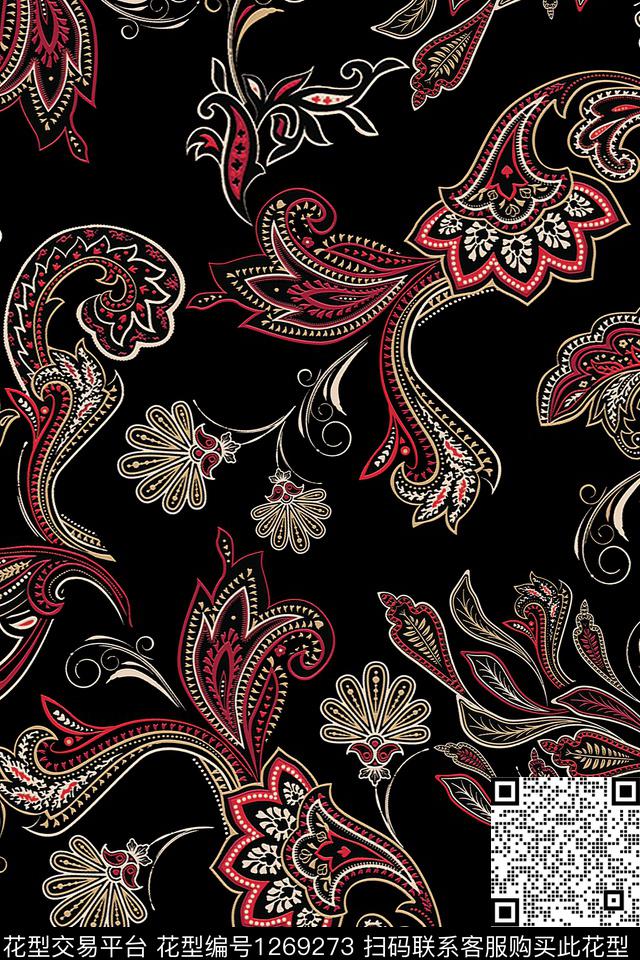 数码华亿平台黑底花卉佩斯利数码印花华亿平台下载（图片编号: 1269273） - 瓦栏（Walan）