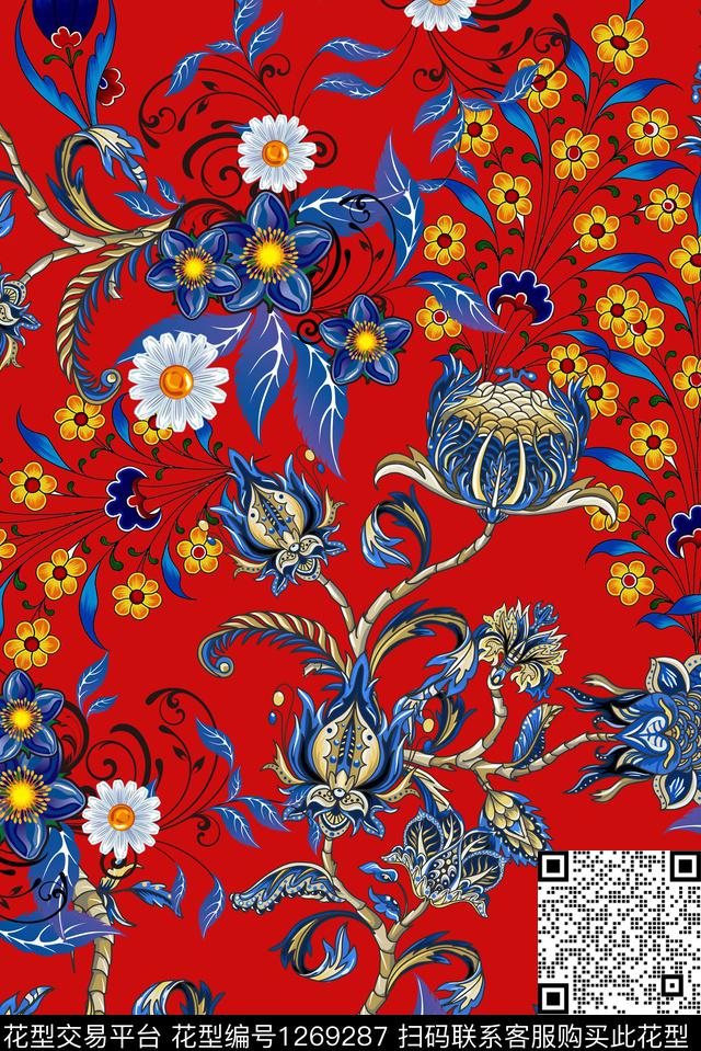 古典花纹复古纯底花数码印花华亿平台下载（图片编号: 1269287） - 瓦栏（Walan）