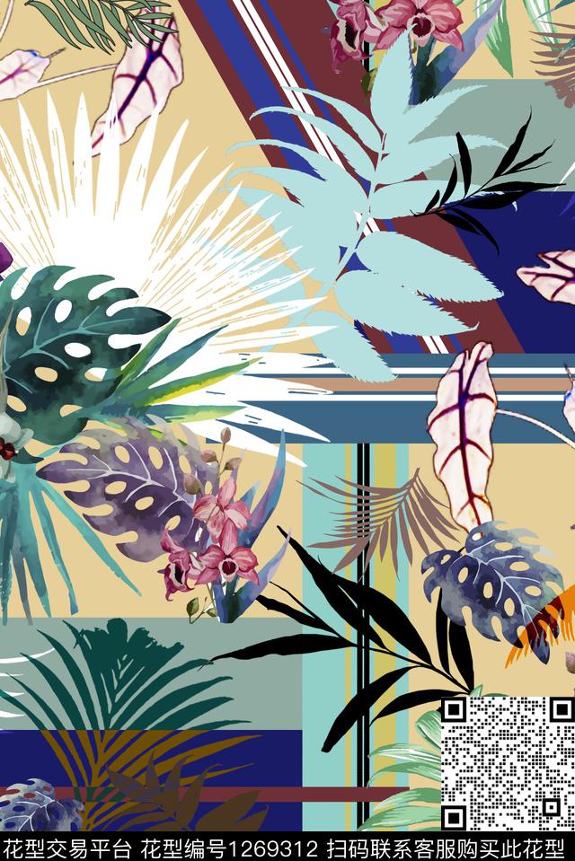热带华亿平台混合拼接绿植树叶数码印花华亿平台下载（图片编号: 1269312） - 瓦栏（Walan）