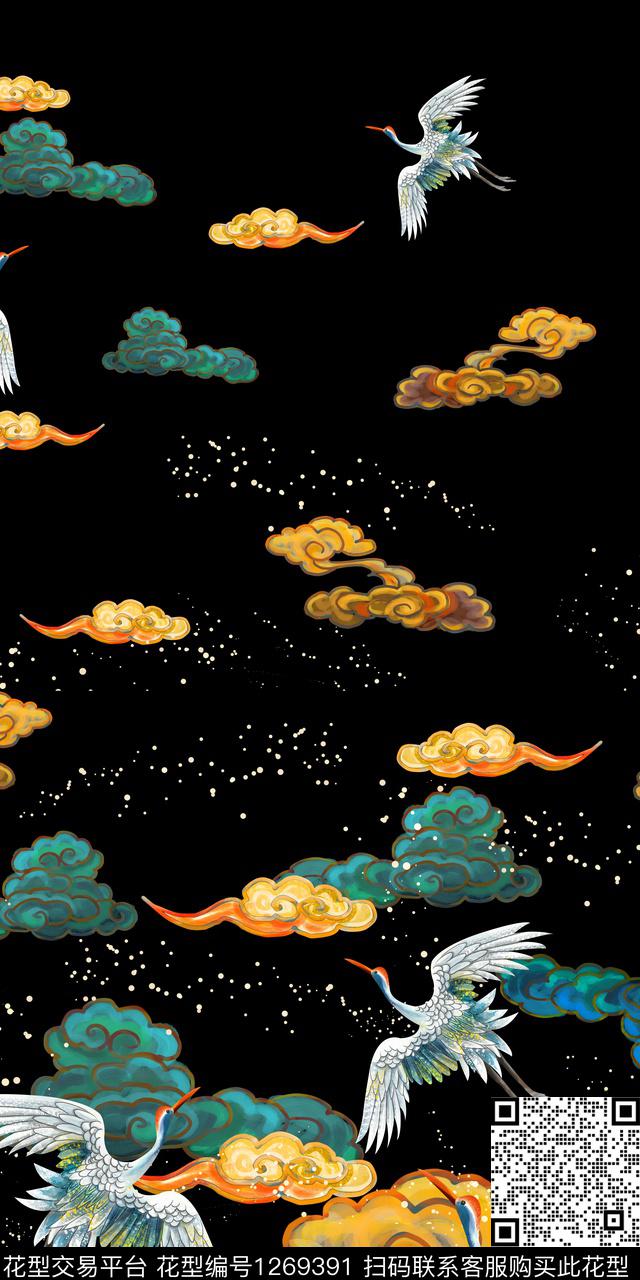 祥云仙鹤中国风定位花数码印花华亿平台下载（图片编号: 1269391） - 瓦栏（Walan）