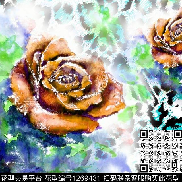 玫瑰花方巾豹纹数码印花华亿平台下载（图片编号: 1269431） - 瓦栏（Walan）