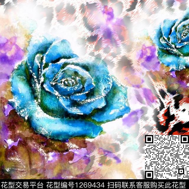 玫瑰花方巾豹纹数码印花华亿平台下载（图片编号: 1269434） - 瓦栏（Walan）