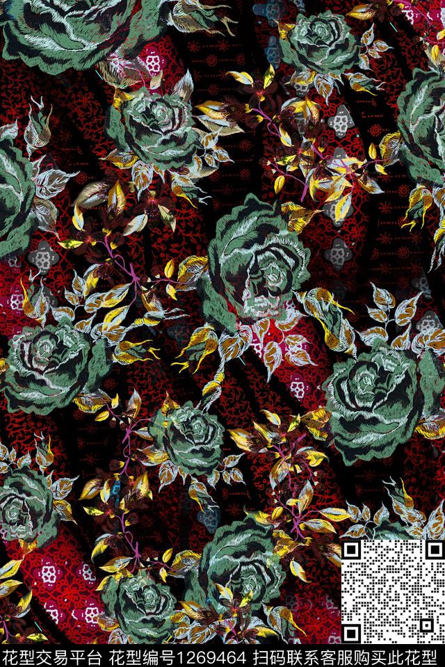 黑底花卉花卉雕印华亿平台数码印花华亿平台下载（图片编号: 1269464） - 瓦栏（Walan）
