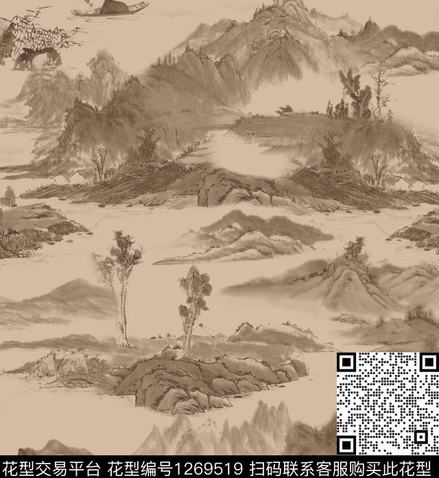 水墨风国画中国风数码印花华亿平台下载（图片编号: 1269519） - 瓦栏（Walan）