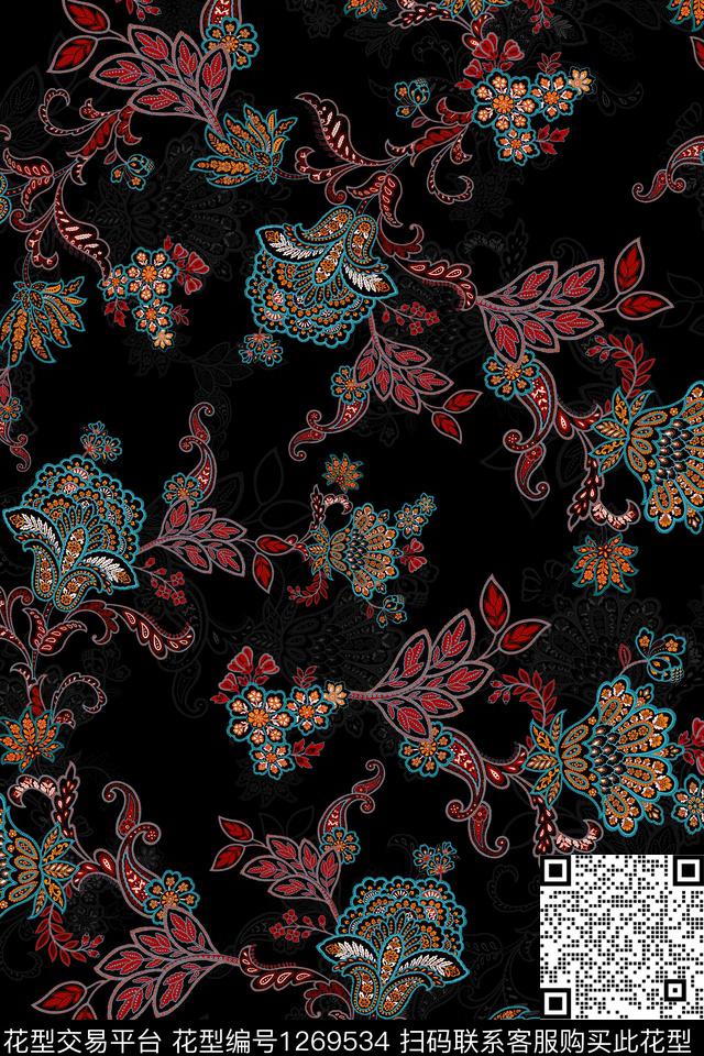 复古花卉抽象数码印花华亿平台下载（图片编号: 1269534） - 瓦栏（Walan）