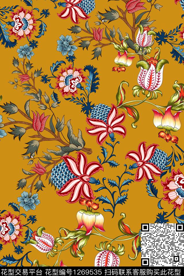 复古古典花纯底花数码印花华亿平台下载（图片编号: 1269535） - 瓦栏（Walan）