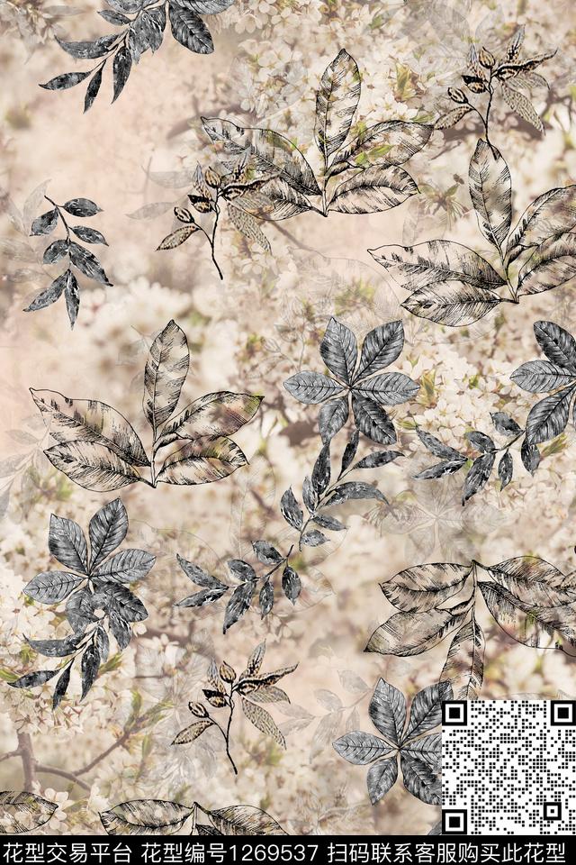 花卉植物清爽数码印花华亿平台下载（图片编号: 1269537） - 瓦栏（Walan）