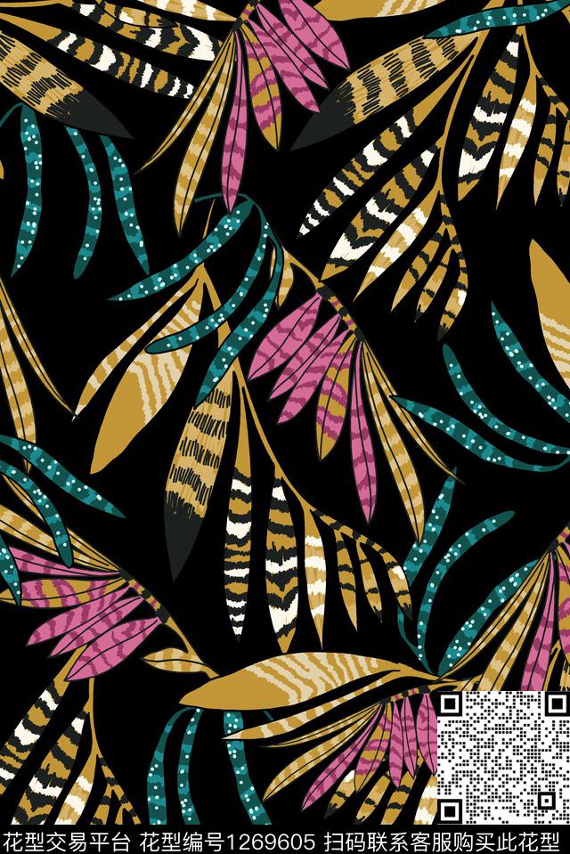 黑底花卉花卉大牌风传统印花华亿平台下载（图片编号: 1269605） - 瓦栏（Walan）