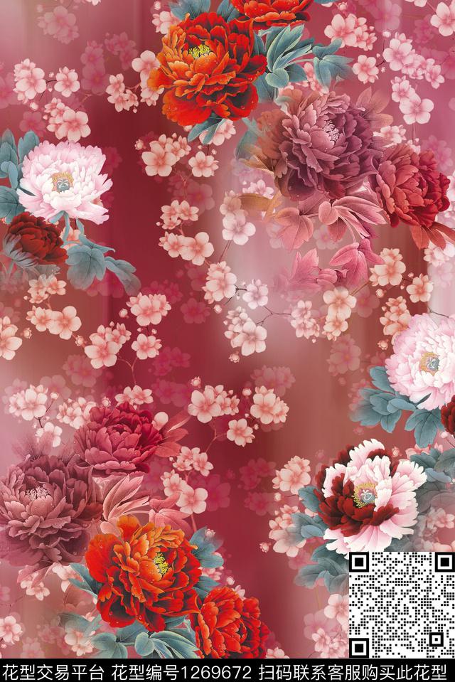 旗袍牡丹小碎花数码印花华亿平台下载（图片编号: 1269672） - 瓦栏（Walan）