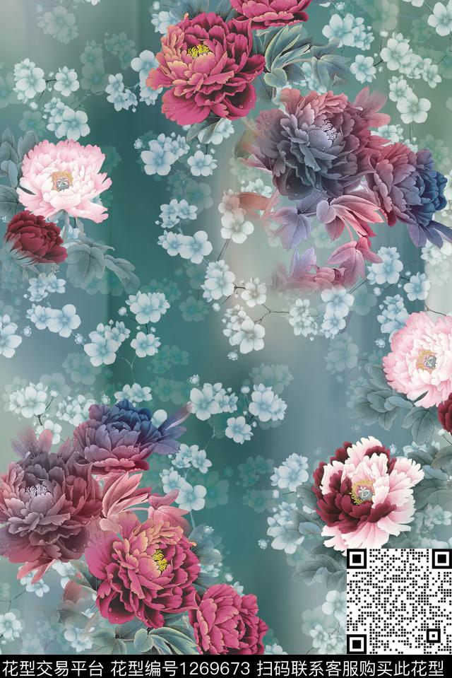 旗袍牡丹小碎花数码印花华亿平台下载（图片编号: 1269673） - 瓦栏（Walan）