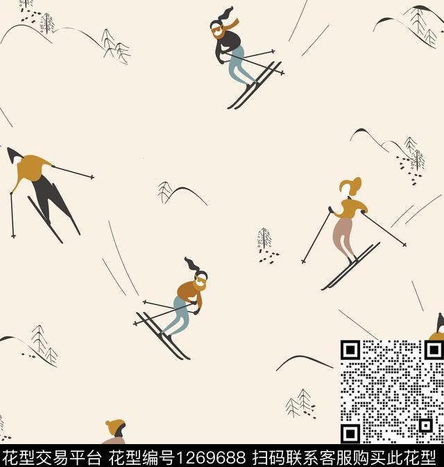 卡通人物滑雪节日传统印花华亿平台下载（图片编号: 1269688） - 瓦栏（Walan）