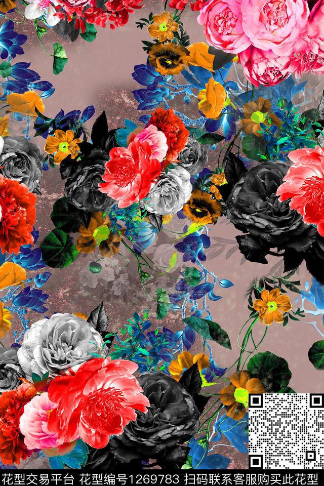 连衣裙花卉大牌风数码印花华亿平台下载（图片编号: 1269783） - 瓦栏（Walan）