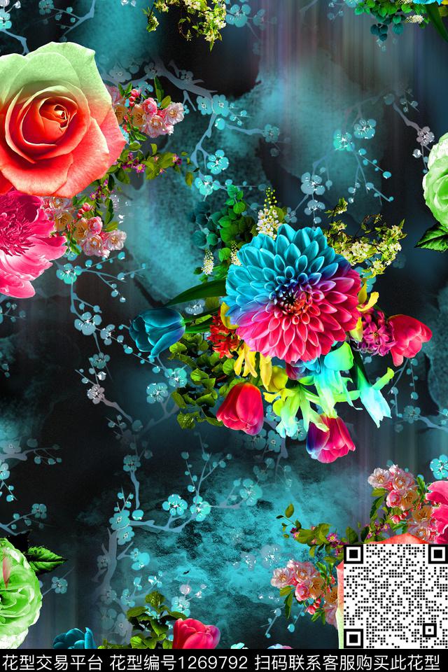 连衣裙花卉大牌风数码印花华亿平台下载（图片编号: 1269792） - 瓦栏（Walan）