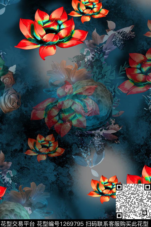 连衣裙花卉大牌风数码印花华亿平台下载（图片编号: 1269795） - 瓦栏（Walan）