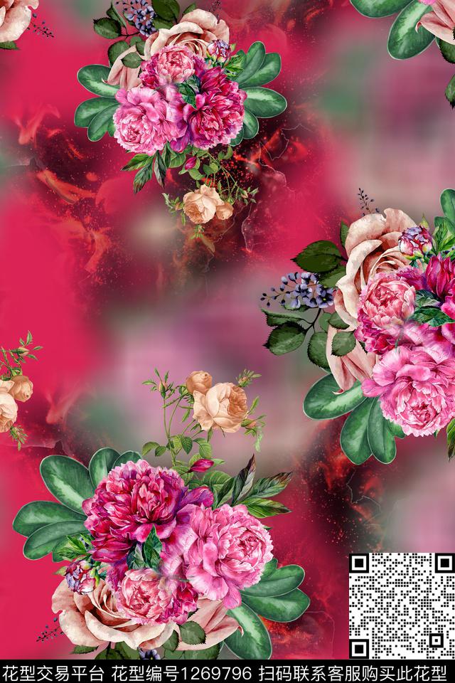 连衣裙花卉大牌风数码印花华亿平台下载（图片编号: 1269796） - 瓦栏（Walan）