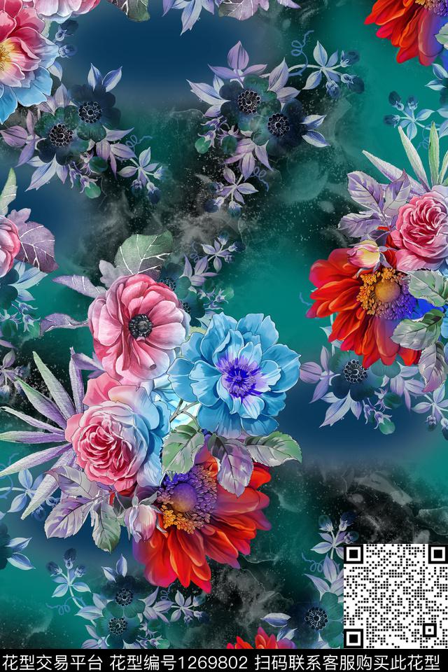 连衣裙花卉大牌风数码印花华亿平台下载（图片编号: 1269802） - 瓦栏（Walan）