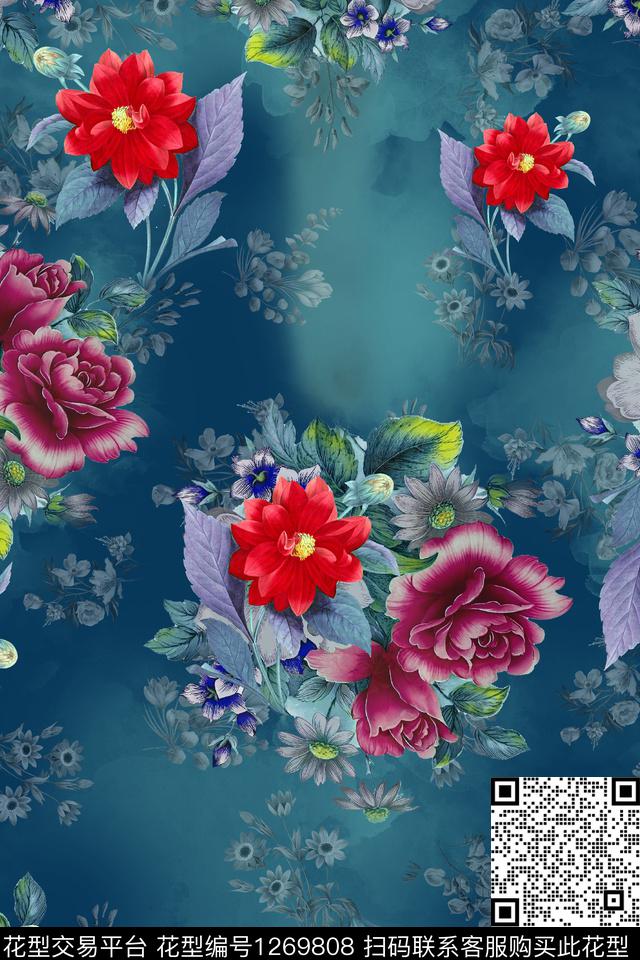 连衣裙花卉大牌风数码印花华亿平台下载（图片编号: 1269808） - 瓦栏（Walan）