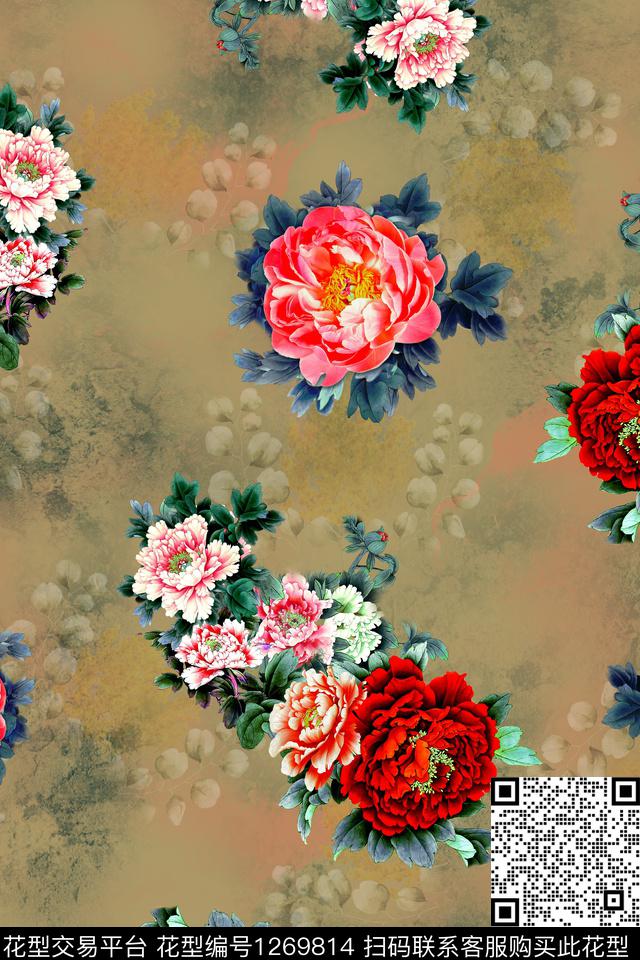 连衣裙花卉大牌风数码印花华亿平台下载（图片编号: 1269814） - 瓦栏（Walan）