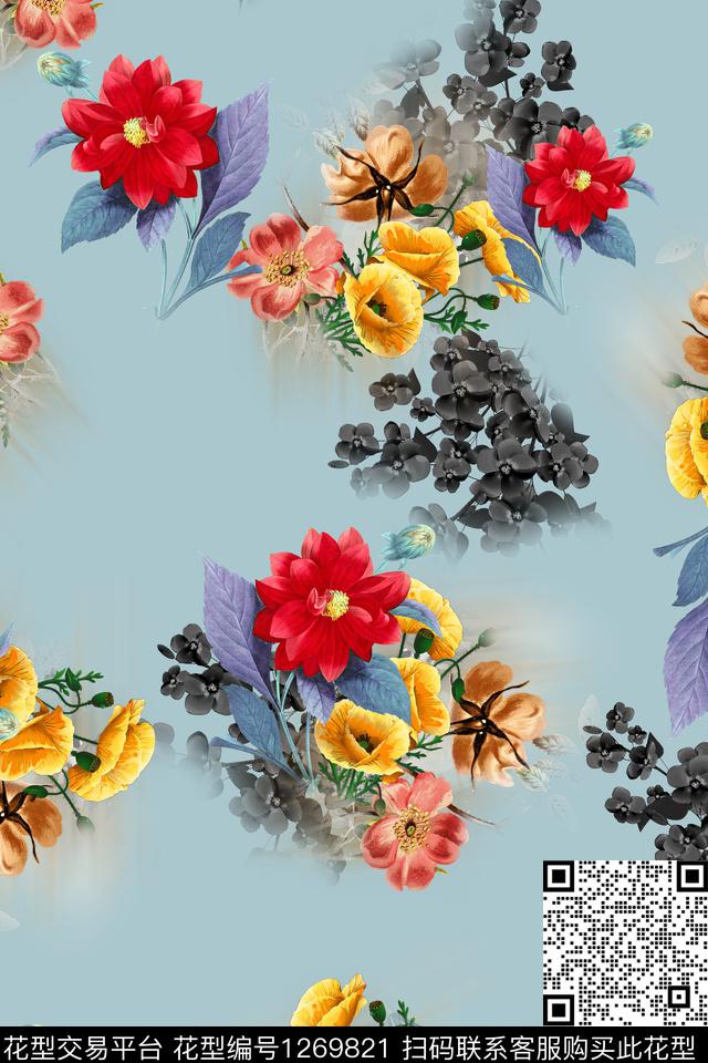 连衣裙花卉大牌风数码印花华亿平台下载（图片编号: 1269821） - 瓦栏（Walan）