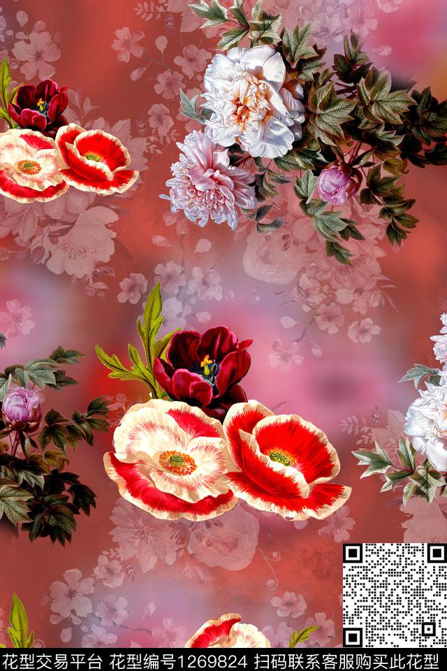 连衣裙花卉大牌风数码印花华亿平台下载（图片编号: 1269824） - 瓦栏（Walan）