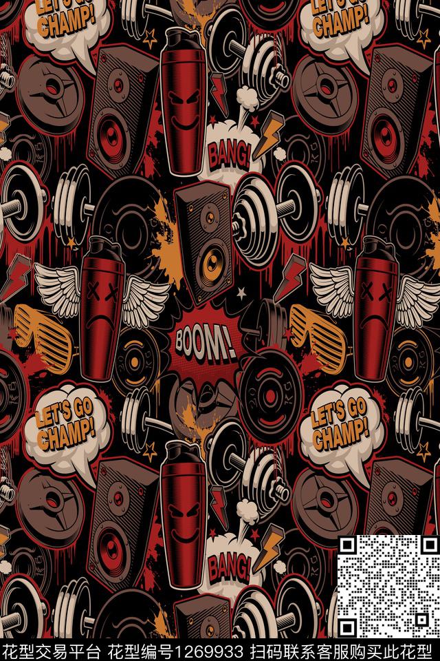 涂鸦抽象男装哑铃数码印花华亿平台下载（图片编号: 1269933） - 瓦栏（Walan）