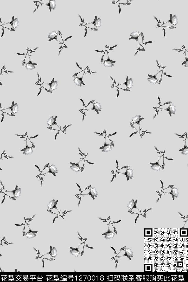 衬衫小碎花黑白玫瑰传统印花华亿平台下载（图片编号: 1270018） - 瓦栏（Walan）